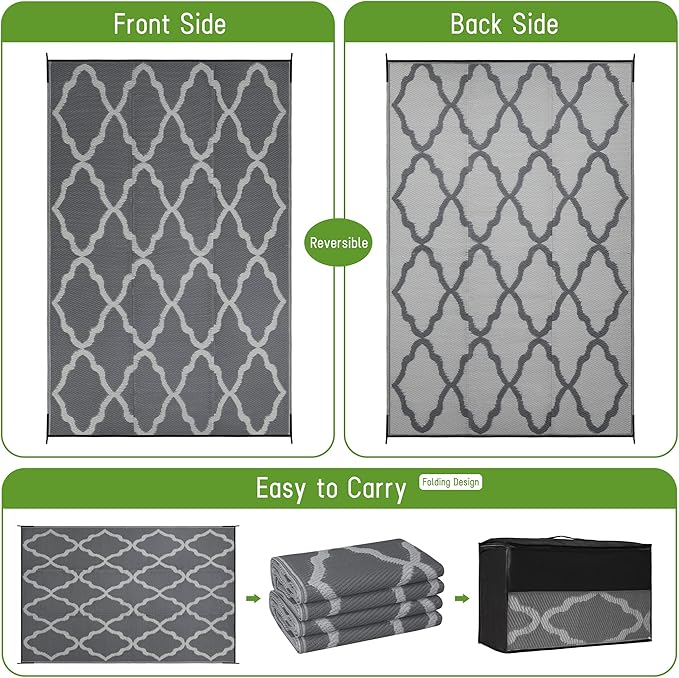Easy-Going Reversible Outdoor Rugs 6x9ft Waterproof Plastic Straw Rug Stain & UV Resistant Floor Mat for Patio Porch RV Backyard Pool Deck Picnic Beach Trailer Camping (Moroccan Grey & Light Grey)