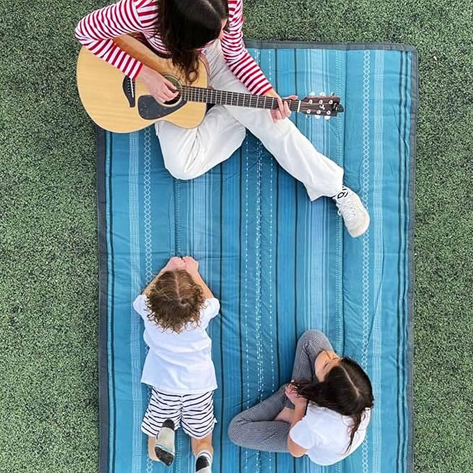 Little Unicorn Outdoor Family Picnic & Beach Blanket, Water-Resistant, Compact Fold, XL Size, 5 x 10 feet, (Shoreline Stripe)