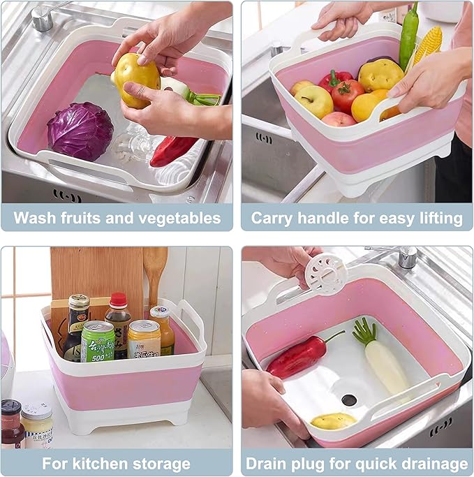 2.4 Gal(9L) Collapsible Dish Basin with Drain Plug, Space Saving Outdoor Multiuse Foldable Sink Tub, Dishpan, Kitchen Storage Tray for Camping, Vegetable Washing, RV (Pink)