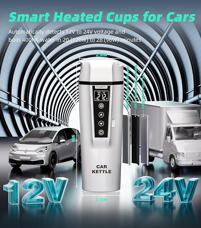 Portable Electric Car Kettle: 12V/24V Kettle Mini Water Boiler for Car Heated Travel Mug,Smart Precision Temperature Adjustment Coffee Tea Truck Cup with Handy Kettle Bag (White, 400ML)