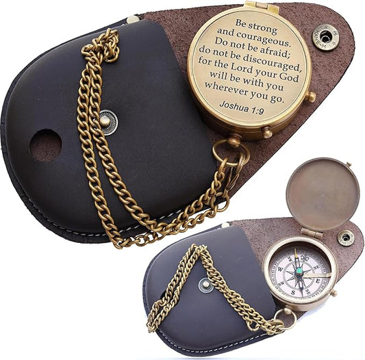Collectibles Gallery Handmade Brass Compass with Leather case | Small Pocket Compass | Material- Brass (Be Strong and Courageous Brass Engraved Compass)