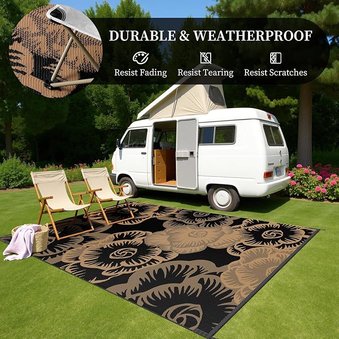 MontVoo Outdoor Rug-Waterproof Patio Rug Mat 6x9 Outdoor Carpet Mat Reversible Plastic Straw Outside Outdoor Rug for RV Camping Picnic Beach Balcony Backyard Pool Deck Farmhouse Floral Black Brown
