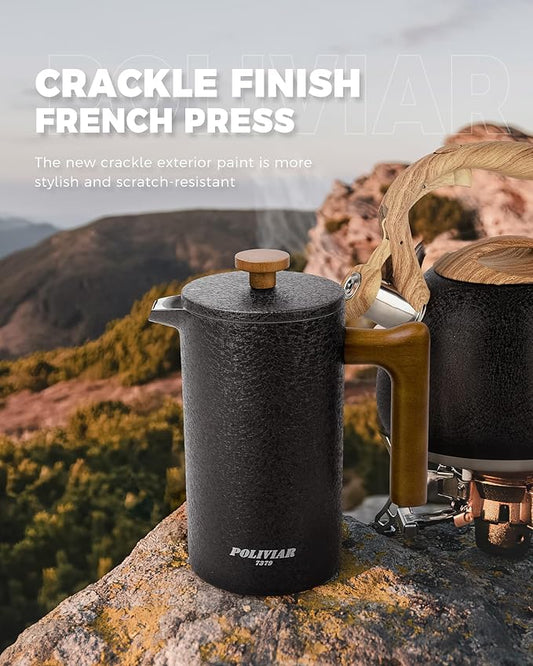 POLIVIAR French Press Coffee Maker, 34 oz Coffee Press with Real Wood Handle, Double Wall Insulation & Dual-Filter Screen, Food Grade Stainless Steel for Good Coffee and Tea JX2023-FPLB