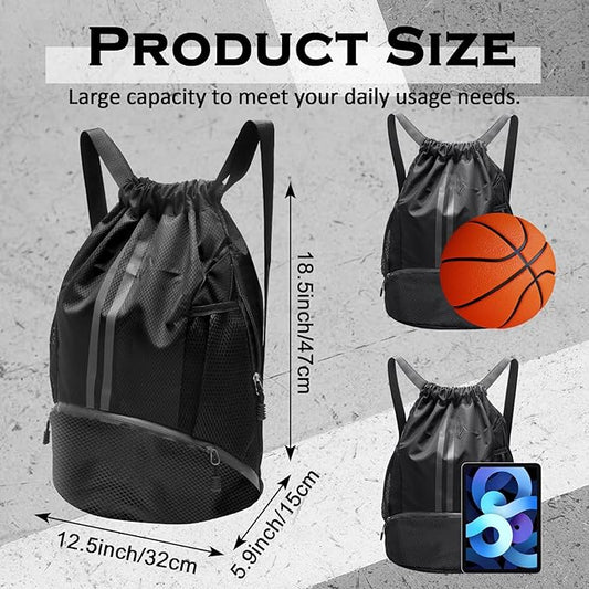 Sports Drawstring Backpack, Gym Bag with Water Bottle Holder Pockets, Shoe Compartment, Waterproof Pocket, Drawstring Bag for Women Men, Black