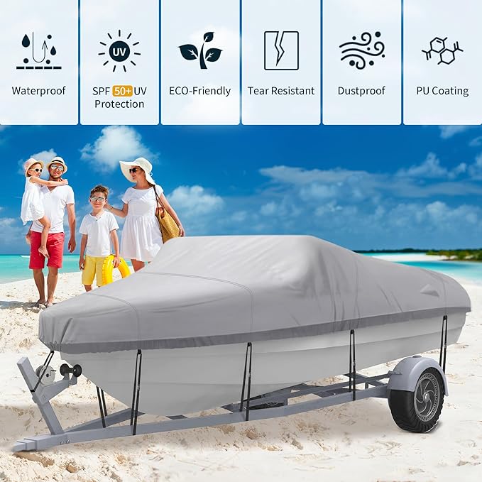 NEXCOVER Trailerable Boat Cover, Length: 20’-23’ Beam Width: up to 100”, Waterproof Heavy Duty Cover, Fits V-Hull, TRI-Hull, Runabout, Pro-Style, Bass Boat, Storage Bag & Tightening Straps Included.