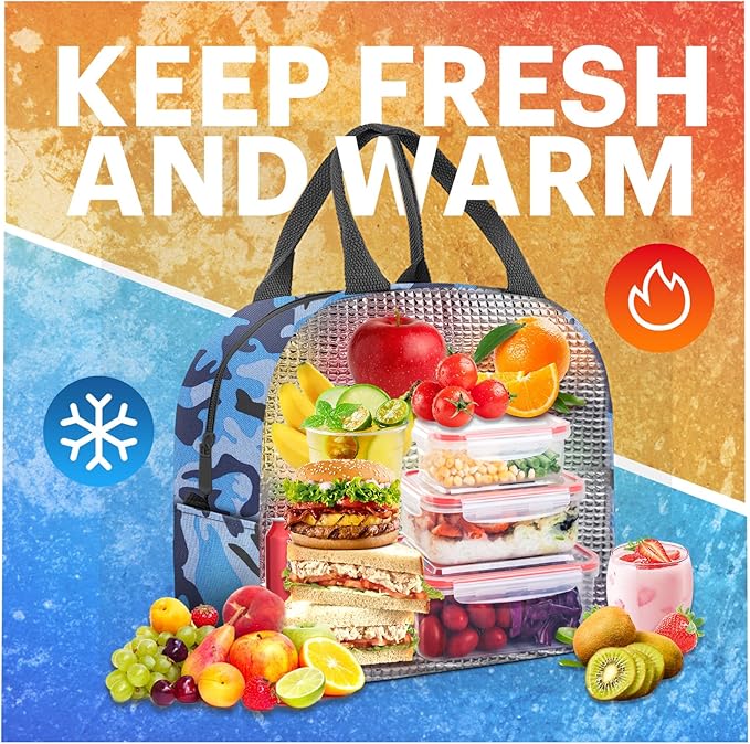 Lunch Bag for Women & Men Adult Insulated Lunch Box, Small Leakproof Cooler Food Lunch Containers Reusable High Capacity Lunch Tote Bags for Work, Travel, Outdoor (Blue Camo)
