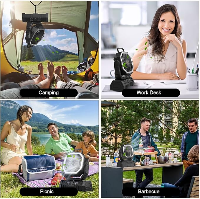20000mAh Portable Camping Fan with LED Light, Rechargeable Battery Powered Oscillating Fan with Remote & Hook,Timer, 65HRS Running, 4-Speed for Travel, Tent, Room, Car, Picnic, Fishing-Black