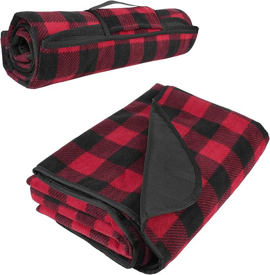 Tirrinia Outdoors Waterproof Throw Blanket, 51”x 59” Lightweight Fleece Stadium Windproof Mat for Boat, Traveling, Camping, Hiking, Football - Machine Washable, Red-Black Plaid
