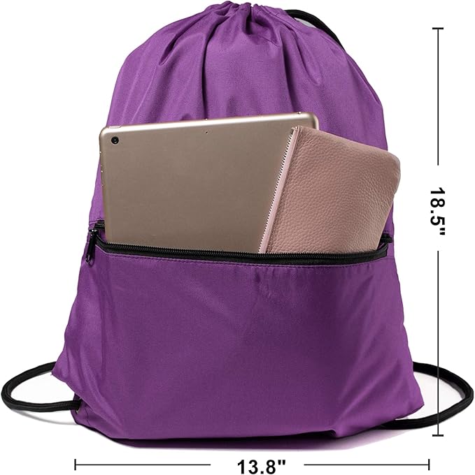 Drawstring Backpack Sports Gym Bag for Women Men Large Size With Two Zipper Pockets and Water Bottle Mesh Pockets