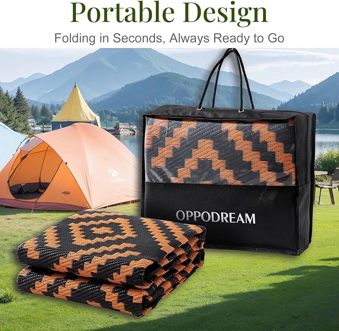 OPPODREAM Outdoor Rug 5x8 Ft, Waterproof Outdoor Plastic Straw Rug for Patio, Reversible Out Door Carpet for Camping, Deck, Rv, 5 x 8 Area Carpet for Balcony, Porch, Backyard, Black and Orange
