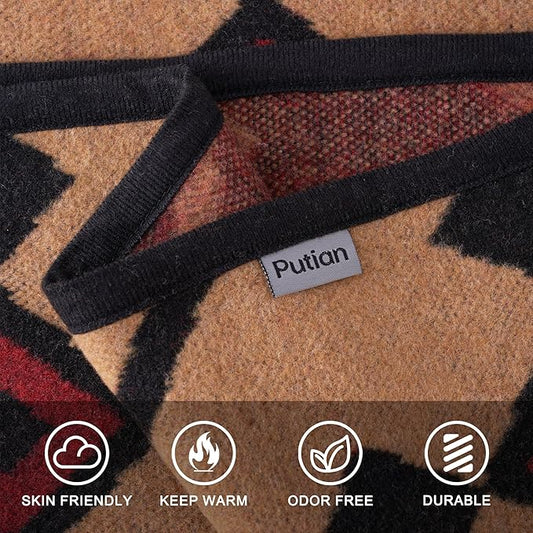PuTian Merino Wool Blanket - Large Warm Soft Washable Wool Throw for Bed Couch Camping Outdoor Travel Emergency, Camel Check