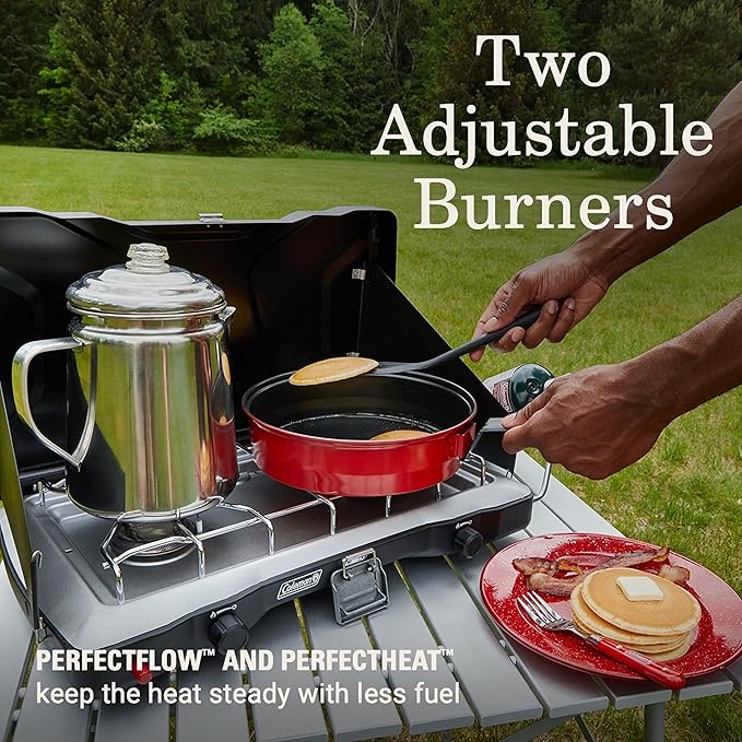 Coleman Triton+ 2-Burner Propane Camping Stove with InstaStart Ignition, Portable Camping Cooktop with 2 Adjustable Burners & Wind Guards, 22,000 BTUs of Power for Camping, Tailgating, Grilling