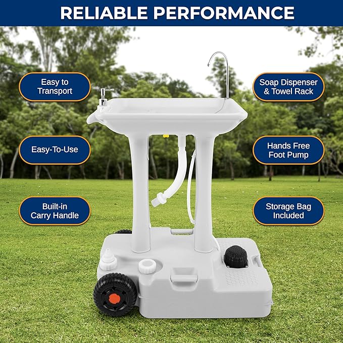 SereneLife SLCASN25 Portable Camping Sink w/Towel Holder & Soap Dispenser-30L Water Capacity Hand Wash Basin Stand w/Rolling Wheels-for Outdoor Events, Gatherings, Worksite & Camping