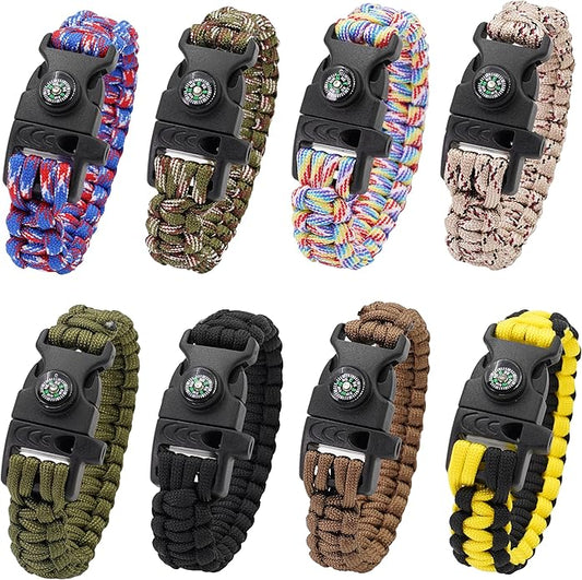 8 Pack 3in1 Emergency Survival Bracelet with Whistle and Compass,Survival Kit,Wild Camping Equipment Kit,Wildness Emergency Survival Kit for Camping,Outdoor Travel, Hiking, Emergency Survival Or First Aid.