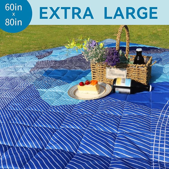 Whale Flotilla Extra Large Outdoor Picnic Blanket (60”x80”), Foldable Waterproof Sand Beach Mat Camping Blankets, Lightweight Soft Handy Mat Tote for Park Hiking Travel, Blue