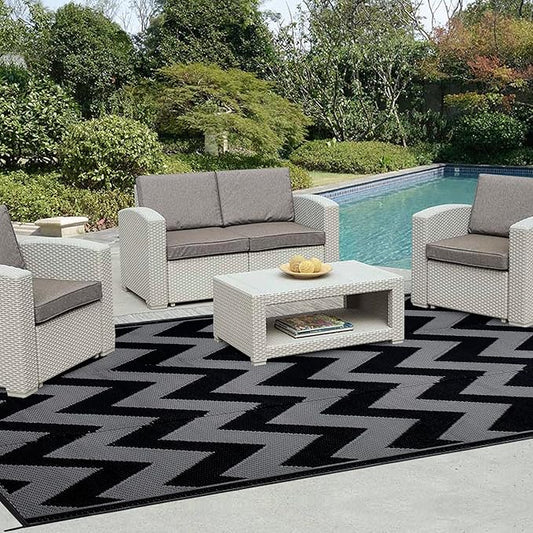 Easy-Going Reversible Outdoor Rugs 9x12ft Waterproof Plastic Straw Rug Stain & UV Resistant Floor Mat for Patio Porch RV Backyard Pool Deck Picnic Beach Trailer Camping (Waved Black & Grey)