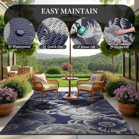 MontVoo Outdoor Rug 8x10 Waterproof Patio Rug-Outdoor Carpet Mat Reversible Plastic Straw Outside Outdoor Rug for RV Camping Picnic Beach Balcony Backyard Pool Deck Farmhouse Floral Navy Blue