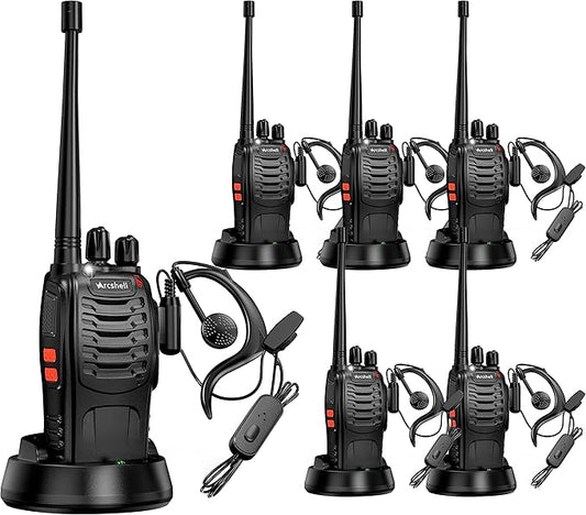 Rechargeable Long Range Two-way Radios with Earpiece 6 Pack Arcshell AR-5 Walkie Talkies Li-ion Battery and Charger included