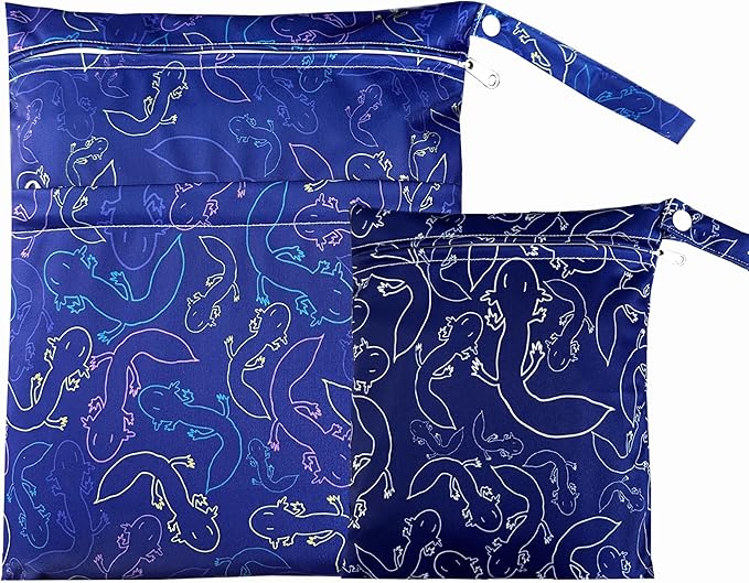Wet Dry Bag with Two Zippered Pockets, Waterproof Reusable 2pcs Axolotl Wet Bags for Swimsuits, Beach, Swimming Pool,Dirty Yoga Clothes,Travel,Makeup Bag, Fitness, Storage Bag With Handle