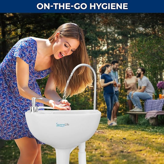 SereneLife Portable Camping Sink w/Towel Holder & Soap Dispenser-19L Water Capacity Hand Wash Basin Stand w/Rolling Wheels-for Outdoor Events, Gatherings, Worksite & Camping- SLCASN18, Standard, White