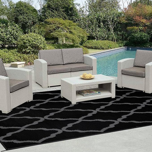 Easy-Going Reversible Outdoor Rugs 5x8ft Waterproof Plastic Straw Rug Stain & UV Resistant Floor Mat for Patio Porch RV Backyard Pool Deck Picnic Beach Trailer Camping (Moroccan Black & Grey)