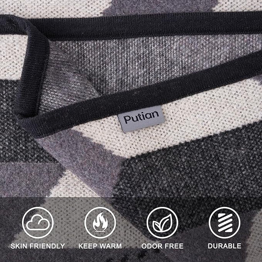 PuTian Merino Wool Blanket - Large Warm Soft Washable Camp Blanket Throw for Bed Couch Camping Outdoor Travel Emergency, Grey Geometry