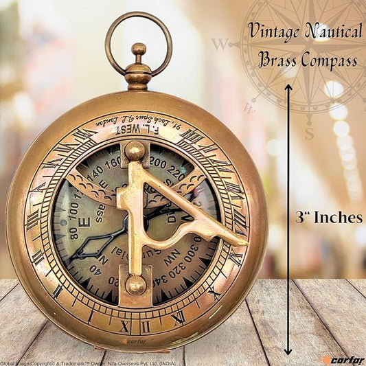 Nautical Sunclock Compass Handmade Solid Brass Vintage Style Sundial Push Open Navigational Compass with Leather Gift Case Best for Your Loved Ones