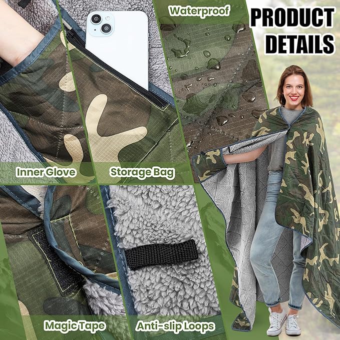 59" x 79" Woobie Blanket Camping Blanket with Sherpa Lining Large Military Blanket Waterproof Warm Outdoor Blanket for Camping, Hunting, Sporting Events, Picnic, Hiking(Camouflage,1 Pc)