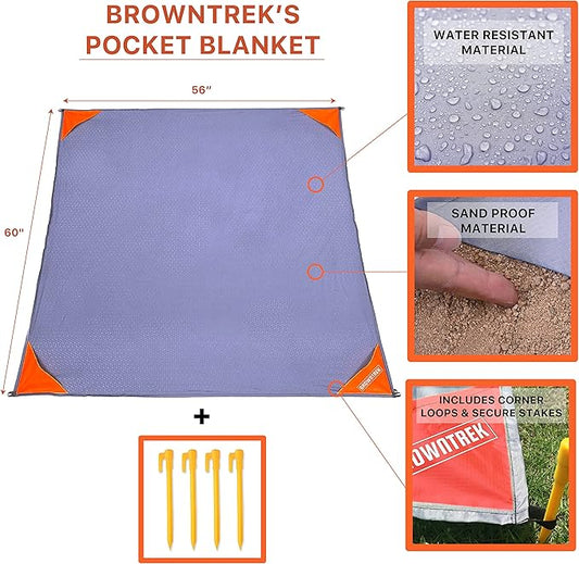Pocket Blanket Compact Picnic Blanket (60"x 56") Beach Blanket Water Resistant, Packable Blanket, Backpacking Lightweight Tarp for Hiking, Camping, Travel, Festival Essentials