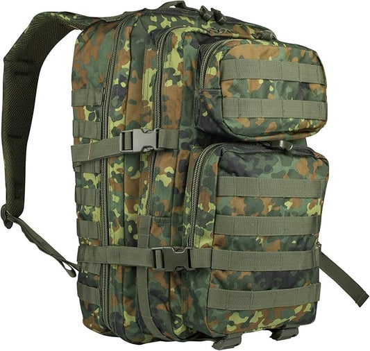 Mil-Tec Unisex Assault Pack - Rugged Durable Lightweight Ergonomic Versatile Tactical Outdoor Camping Hiking Backpack with Adjustable Padded Shoulder Straps & MOLLE Loops, Flecktarn Camo, 36L