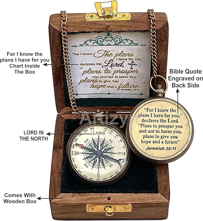 For I Know The Plans I Have For You Brass Magnetic Compass Engraved with Scripture Jeremiah 29:11, Directional Compass, Religious Gifts For Men, Easter Gifts For Teen Boys