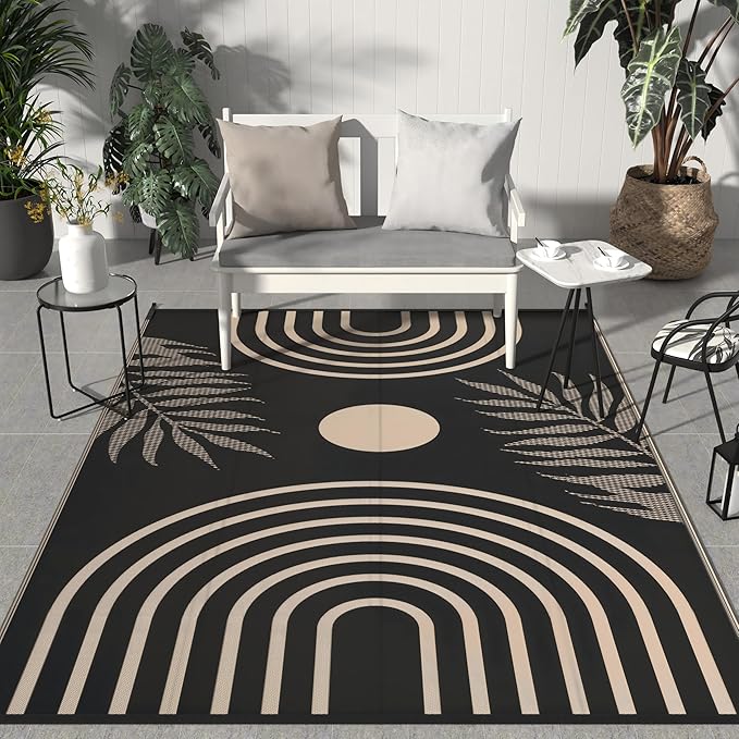 GENIMO Outdoor Rug 9' x 12' Waterproof for Patio Clearance, Reversible Lightweight Plastic Straw Camping Carpet, Large Area Rugs Mats for Rv, Backyard, Deck, Porch, Picnic, Balcony, Mix-Black & Beige
