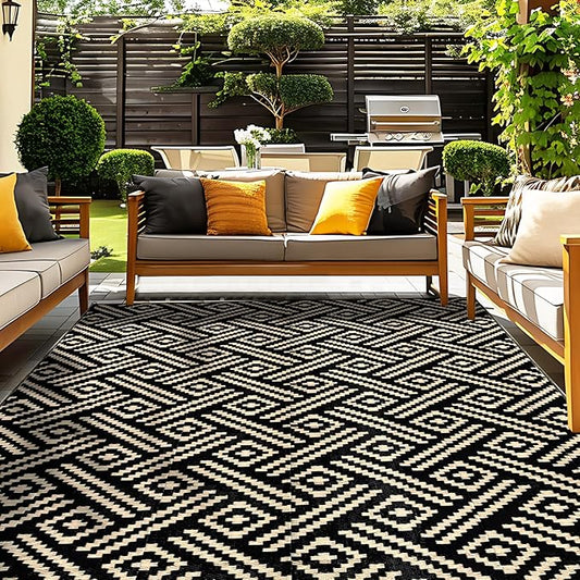 OPPODREAM Outdoor Rug 4x6 Ft, Waterproof Outdoor Plastic Straw Rug for Patio, Reversible Out Door Carpet for Camping, Deck, Rv, 4 x 6 Area Carpet for Balcony, Porch, Backyard, Black and Beige