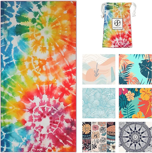 Microfiber Beach Towels - Soft & Lightweight - Absorbent, Quick Dry, Sand Free - Perfect for Beach, Pool, Travel, Camping, Picnic, Yoga - Matching Travel Bag - Large - Rainbow Tie-Dye