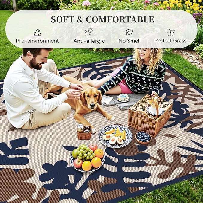 MontVoo Outdoor Rug Waterproof 8x10 ft RV Outdoor Rug for Camping Picnic Mat Outdoor Patio Rug Carpet Plastic Straw Reversible Floral Navy Orange
