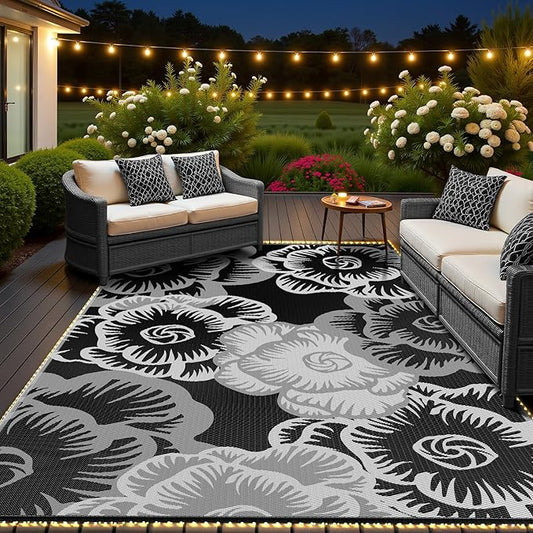 MontVoo Outdoor Rug with Led String Strip Lights 6x9ft Waterproof Outdoor Patio Rug Mat Reversible Plastic Straw Rug Outside Outdoor Rug for RV Camping Picnic Balcony Backyard Fairy Outdoor Decor