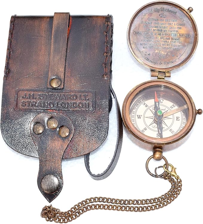 Antique Nautical Vintage Directional Magnetic Compass with Famous Scripture Quote Engraved Baptism Gifts with Leather Case or Wooden Case for Loved Ones, Son, Father, Love, Partner, Spouse, Fiancé