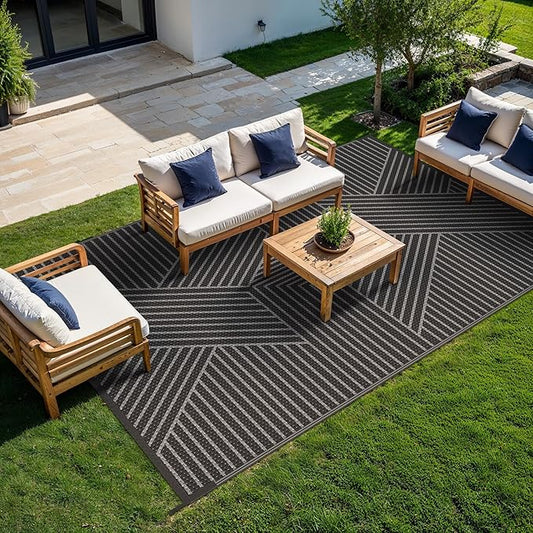 GENIMO Outdoor Rug 5'x8' for Patio Waterproof Clearance, Reversible Outdoor Plastic Straw Rug, Lightweight Carpet Camping Mat for Rv, Camper, Picnic, Balcony, Backyard, Deck, Porch, Black & Gray