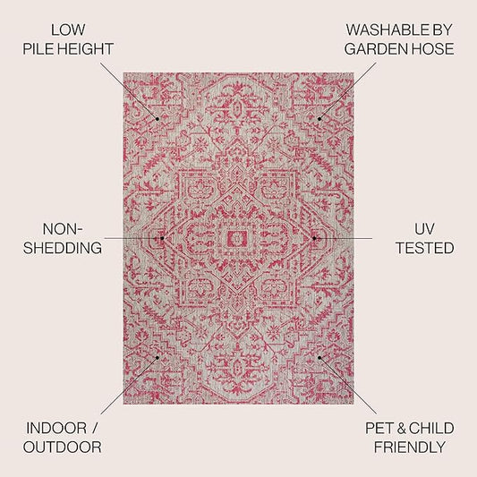 JONATHAN Y SMB105F-5SQ Estrella Bohemian Medallion Textured Weave Indoor Outdoor Area Rug, Coastal Traditional,Bedroom,Kitchen,Backyard,Patio, Light Gray/Fuchsia, 5' Square