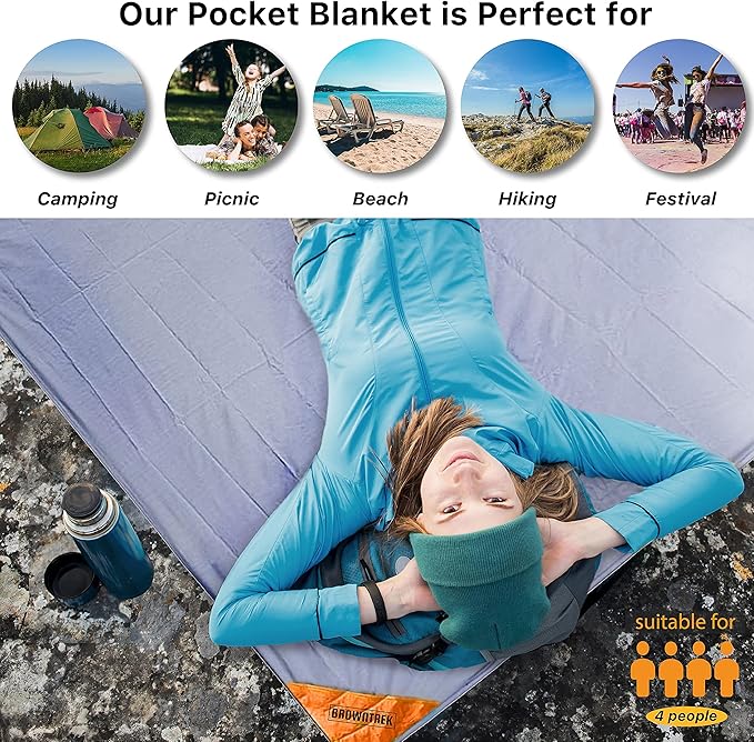 Pocket Blanket Compact Picnic Blanket (60"x 56") Beach Blanket Water Resistant, Packable Blanket, Backpacking Lightweight Tarp for Hiking, Camping, Travel, Festival Essentials