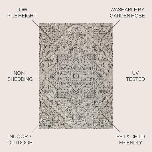 JONATHAN Y SMB105D-6SQ Estrella Bohemian Medallion Textured Weave Black/Gray 6' Square Indoor/Outdoor Area Rug, Pet Friendly, Non-Shedding, Stain Resistant, Easy-Cleaning for Backyard, Patio, Porch