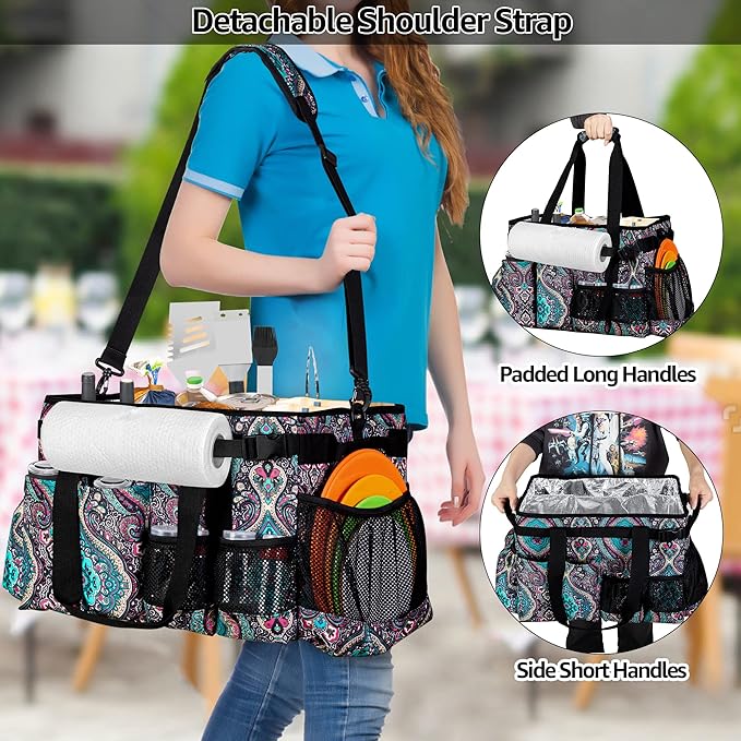 Large Grill Utensil Caddy with Paper Towel Holder, Outdoor Picnic Bag Organizer for BBQ Supplies Tool, Tailgating Accessory Basket Camping Gear Must Haves for Cook Essentials, Totem, Bag Only