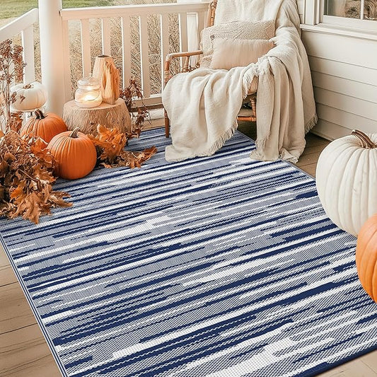 GENIMO Outdoor Rug for Patio Clearance, 9'x12' Waterproof Camping Mat, Reversible Plastic Straw Rugs for RV, Camper, Balcony, Backyard, Picnic, Deck (Blue White)