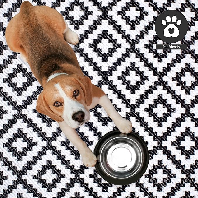 FH Home Outdoor Camping Rug - Waterproof, Fade Resistant, Reversible - Premium Recycled Plastic - Geometric - Large Patio, Deck, Sunroom, RV - Aztec - Black & White - 9 x 18 ft Foldable