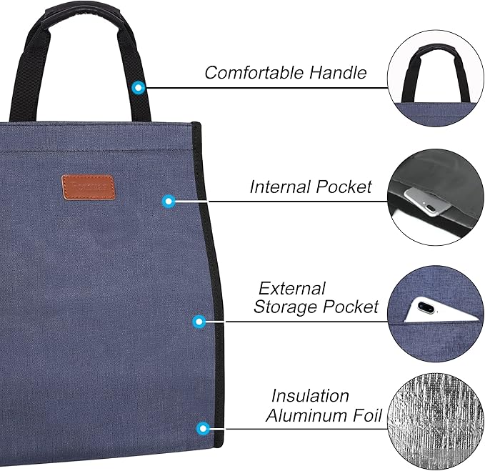 Lunch Bags for Women Insulated Reusable Lunch Tote with Internal Pocket, Lunch Tote bag for Work (Blue)