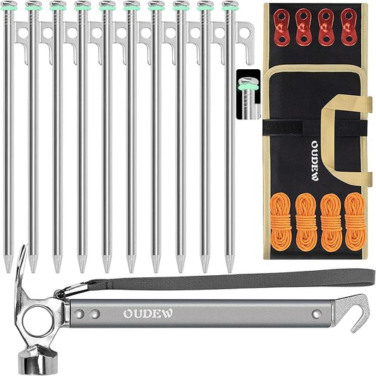 Tent Stakes and Hammer Set,10pcs 10 in Heavy Duty Metal Tent Stakes + 12in Camping Hammer + Reflective Camping Rope + Storage Bag,Camping Accessories for Ground,Camp and Graden (Silver)