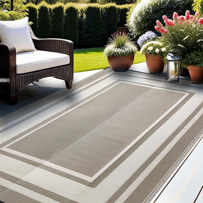 RURALITY Outdoor Rugs 6x9 Waterproof for Patios Clearance,Plastic Straw Mats for Backyard,Porch,Deck,Balcony,Reversible,Geometric