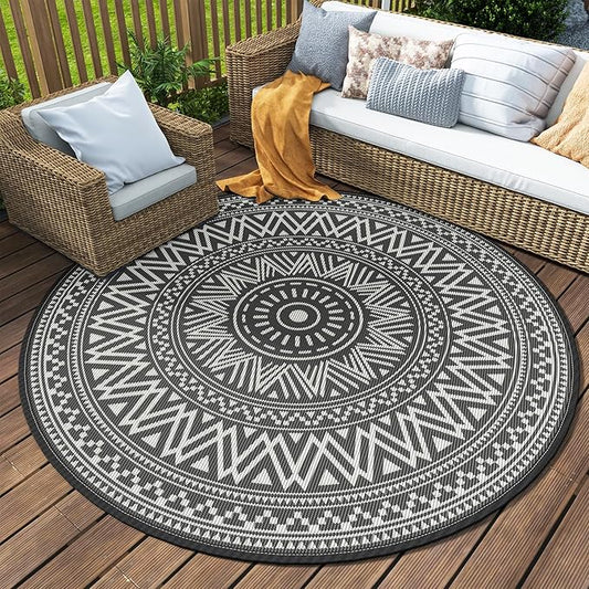 MontVoo Outdoor Rug Carpet Waterproof Round 8ft Outdoor Patio Rug Mat Reverisble Plastic Straw Outdoor Rug for RV Camping Picnic Beach Balcony Boho Grey