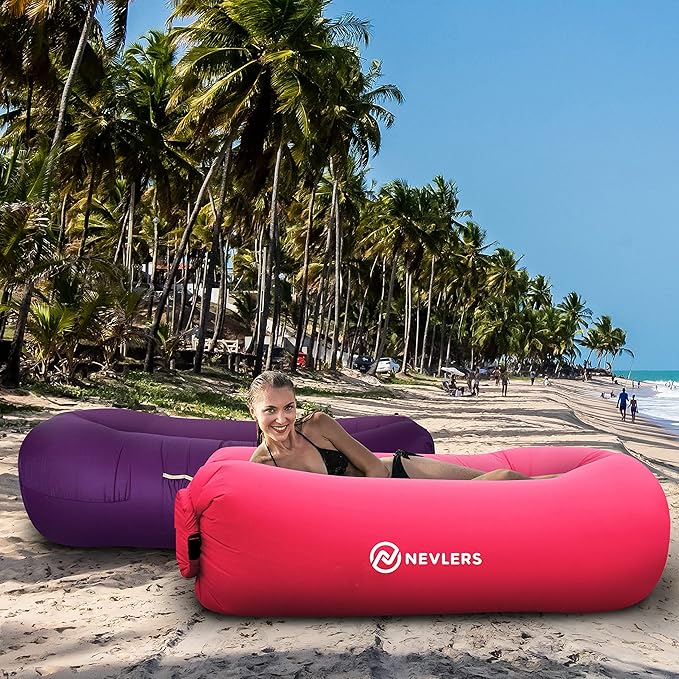 Nevlers 2 Pack Inflatable Loungers Air Sofa Couch | Perfect for Beach Chair Camping Chairs or Portable Hammock |Travel Bag Pouch, Pegs & 3 Pockets| Movie Seating & Camping Accessories Blow Up Lounger