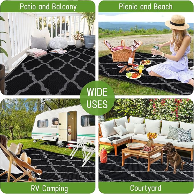 Easy-Going Reversible Outdoor Rugs 4x6ft Waterproof Plastic Straw Rug Stain & UV Resistant Floor Mat for Patio Porch RV Backyard Pool Deck Picnic Beach Trailer Camping (Moroccan Black & Grey)
